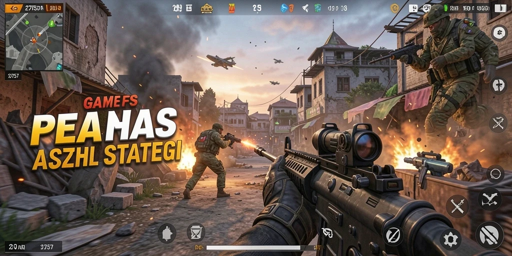 Screenshot utama menampilkan aksi gameplay FPS di dalam game.