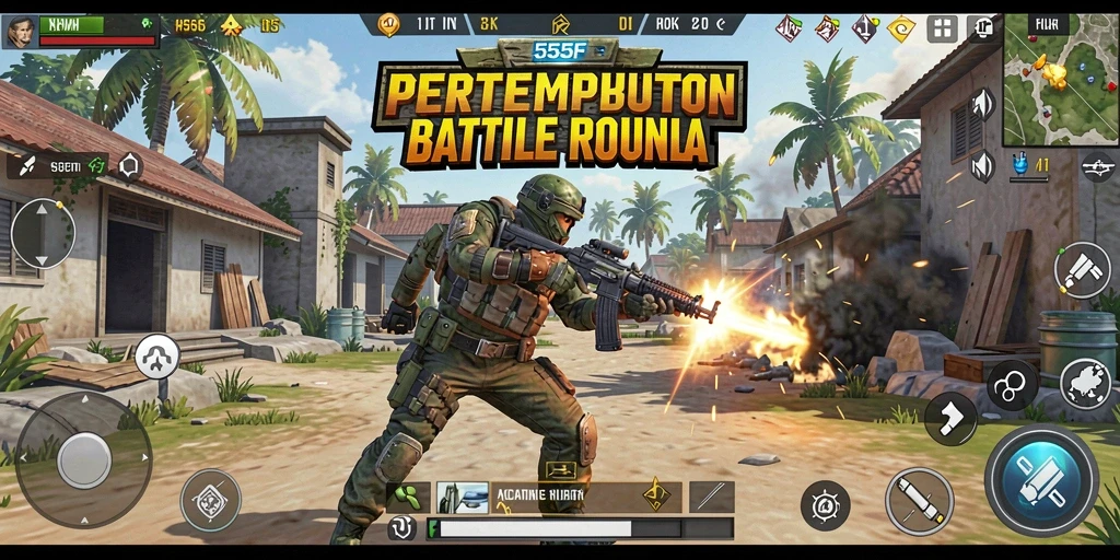 Screenshot utama 555F menunjukkan gameplay Battle Royale yang intens.