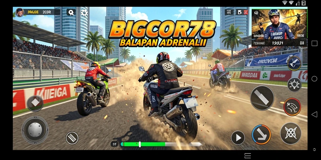 Gameplay mendebarkan dari BIGCOR78 saat balapan motor.