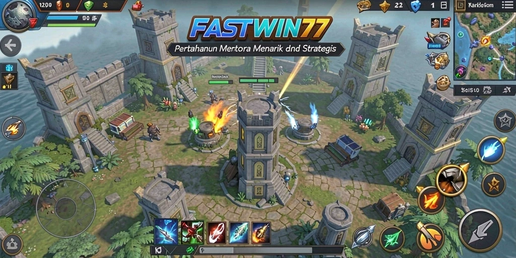 Screenshot permainan FASTWIN77 dengan tampilan menara yang strategis.