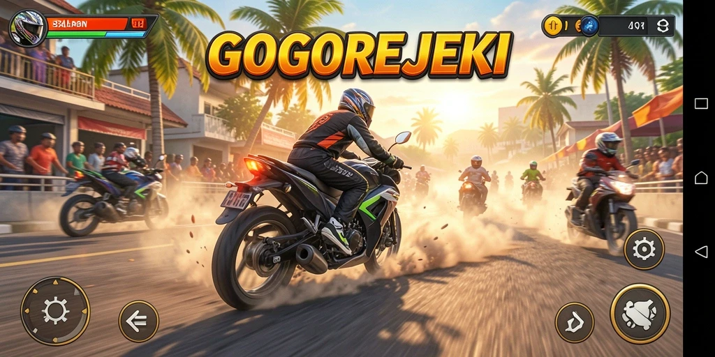 Screenshot gameplay GOGOREJEKI menunjukkan aksi balapan motor yang mendebarkan.