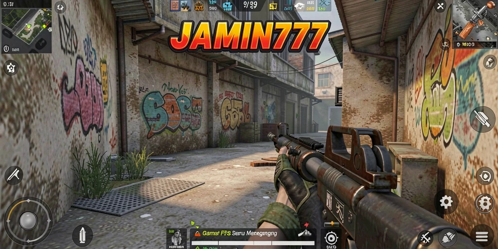 Screenshot menampilkan aksi menegangkan dalam permainan FPS JAMIN777.