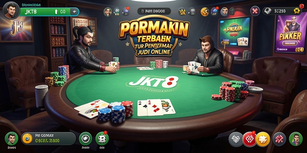 Screenshot permainan JKT8 menampilkan meja poker yang penuh aksi.