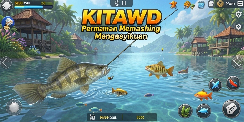 Tampilan menarik dari gameplay memancing KITAWD dengan ikan yang beragam.