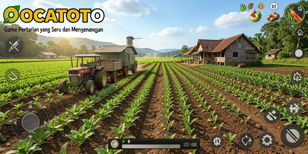 Tampilan gameplay OCATOTO dengan kebun yang indah dan tanaman subur.