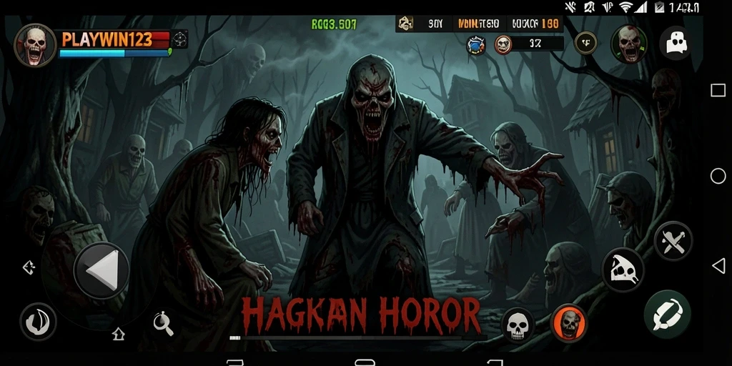 Tangkapan layar gameplay PLAYWIN123 menampilkan suasana mencekam dan karakter seram.