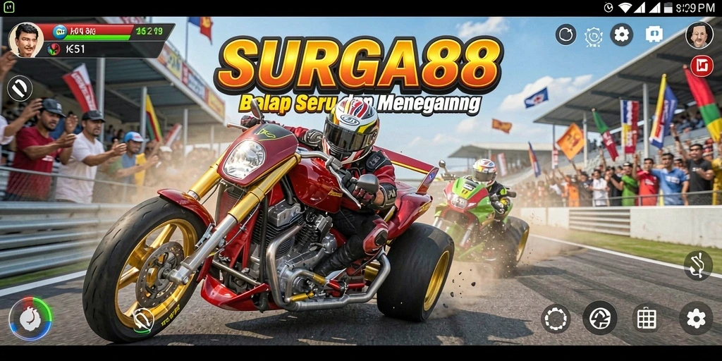 Tangkapan layar utama SURGA88 menampilkan aksi balap yang mendebarkan.