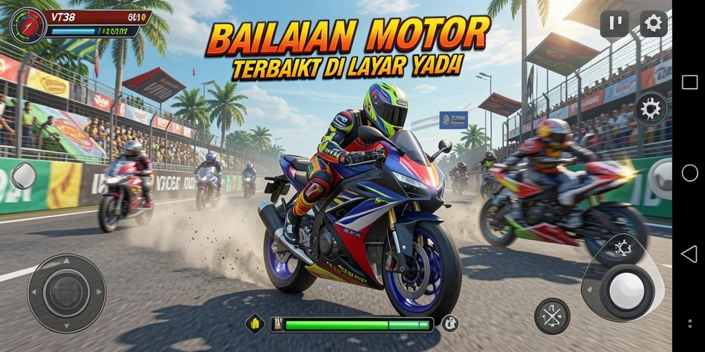 Tampilan gameplay VT38 dengan balapan penuh aksi dan kecepatan.
