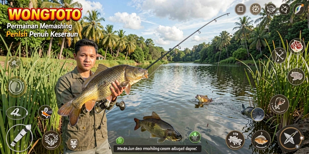 Screenshot gameplay WONGTOTO dengan pemandangan memancing yang indah.